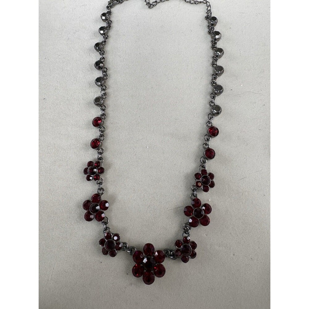 Vintage VCLM Signed Red Rhinestone Crystal Flower Choker Necklace Gunmetal 18”